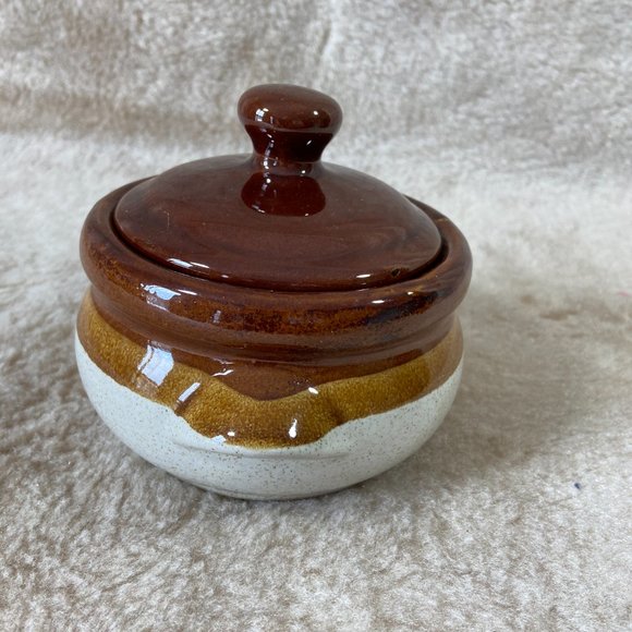 Vintage Stoneware Small Bean Pot in Tan and Brown Glaze - Picture 2 of 11